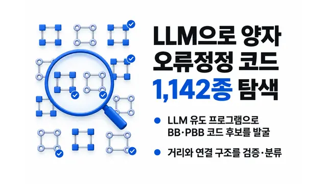 LLM으로 양자 오류정정 코드 1,142종 탐색 — 기사 주제를 표현한 AI 생성 개념 삽화