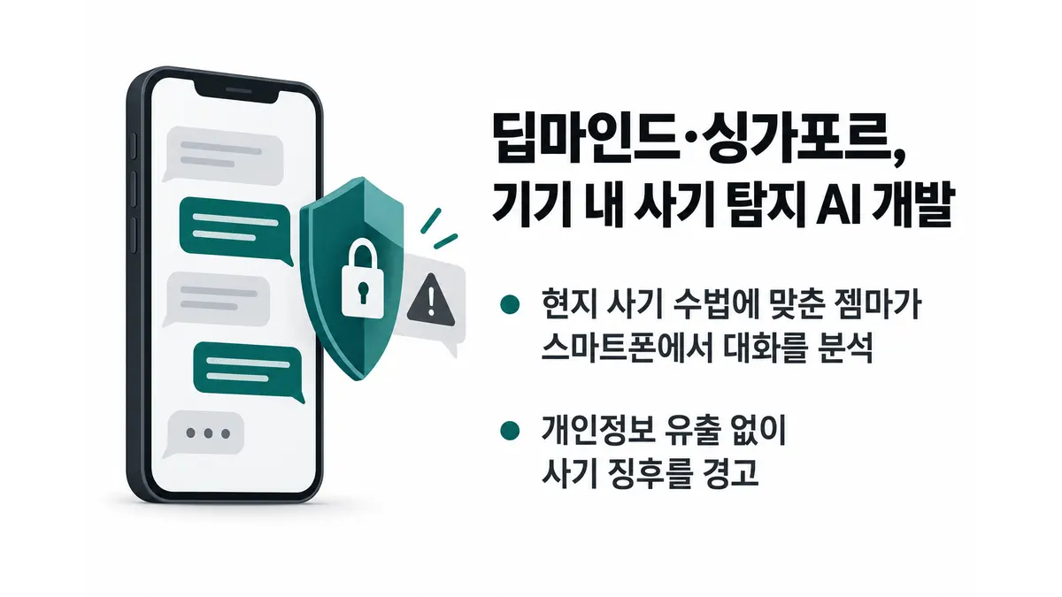 딥마인드·싱가포르, 기기 내 사기 탐지 AI 개발 — 기사 주제를 표현한 AI 생성 개념 삽화