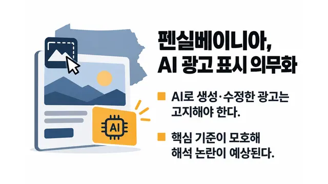 펜실베이니아, AI 생성 광고 표시 의무화 — 기사 주제를 표현한 AI 생성 개념 삽화