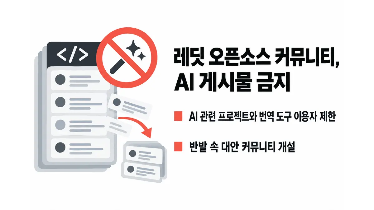 레딧 오픈소스 커뮤니티, AI 게시물 금지 — 기사 주제를 표현한 AI 생성 개념 삽화
